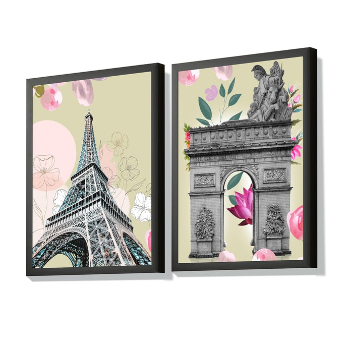 Art Street Embossed Laminated Framed Wall Art Prints Eiffel Tower & Arc de Triomphe Art For Wall Décor Abstract Art (Set of 2, Size - 12.7x17.5 Inch)