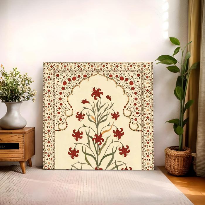 Traditional Indian Mughal Art Stretched Wall Painting for Living Room, Floral Jharokha Design with Crimson Blossoms, Ethnic Decor for Living Room, Office & Home Decor (56xx56 cm)