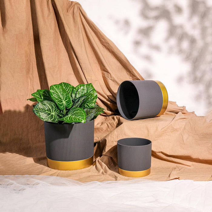 Plant Pot Pack Planter Pot Pack of 3 for Home Decor Brown Copper Indoor Outdoor with Vertical Embossed Ribbed Pattern Perfect 26x29, 21.5x24 and 17x18.5 cm