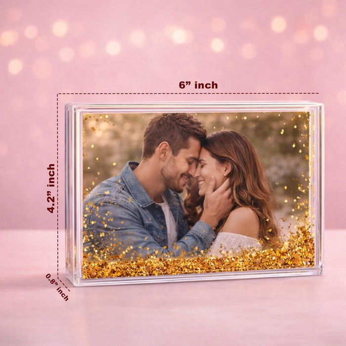 Art Street Customized Golden Glitter Liquid Photo Frame, Desktop Table Frame with Floating Glitter, Acrylic Water Frames for Valentine's Day Gift, Anniversary, Couple Photo Display, 4.2x6 Inch