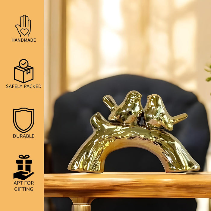 Birds Sitting on Tree Showpieces Statue for Home Décor, Golden (7x4.5 inch),