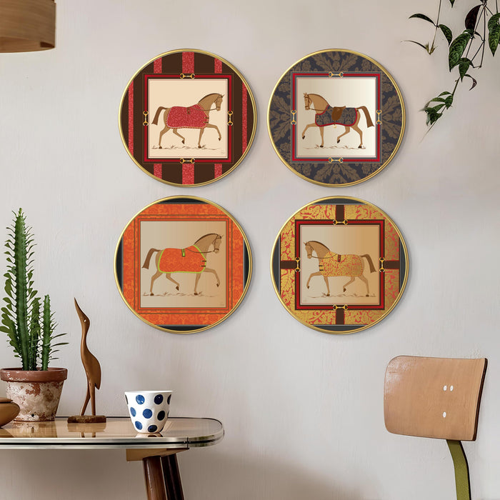 Running Vastu Horses Round Wall Art Painting for Living Room Decoration, Circular Gold Metal Finish Stylish Large Wall Art Print (12x12 Inches)