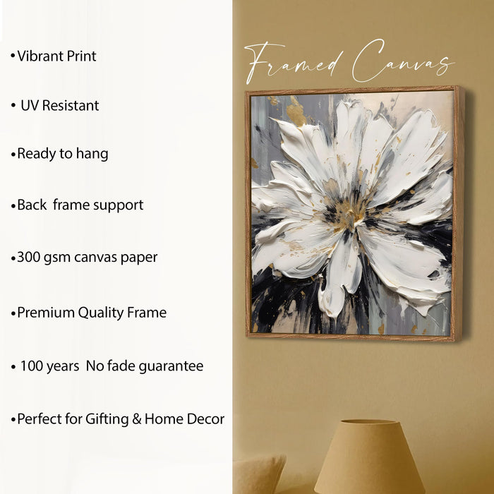 Abstract White Flower Framed Painting For Living Room | Modern Impasto Floral Large Canvas Painting With Frame Wall Art For Bedroom, Hallway's, Office, Hotel, Size 58x58 cm
