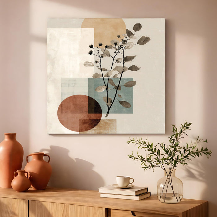 Boho Botanical Stretched Canvas Painting For Living Room | Abstract Nature Wall Art Large Canvas Painting For Livingroom Home Decor, Bedroom, Hallway's, Office, Hotel - 86x86 cm