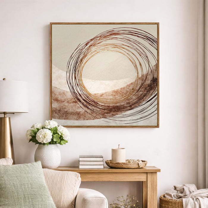 Abstract Circle Framed Painting For Living Room | Wabi-Sabi Line Circle Large Canvas Painting With Frame Wall Art For Bedroom, Hallway's, Office, Hotel, Size 58x58 cm