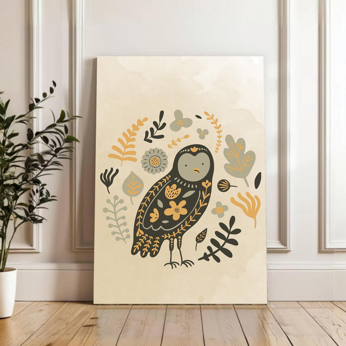 Abstract Bird Owl Stretched Canvas Wall Art Modern Boho Illustration Painting for Home & Office Wall Decor, (16x22 Inch)