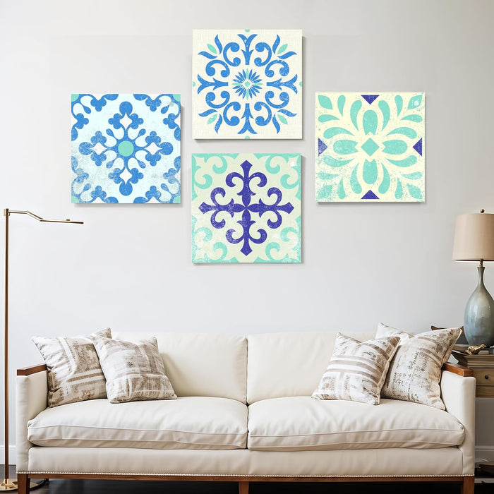 Set of 4 Stretched Canvas Bright Fractal Floral Moroccan Pattern Art Painting.