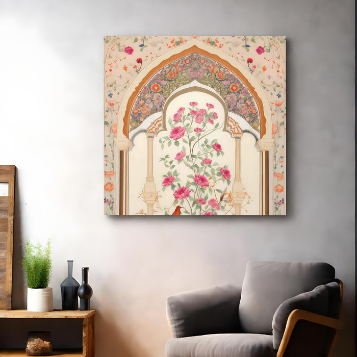 Indian Mughal Wall Art Painting For Living Room, Modern Miniature Style Stretched Canvas Wall Art Poster, Floral Peacock Motif Painting for Living Room, Office & Home Decor (56xx56 cm)