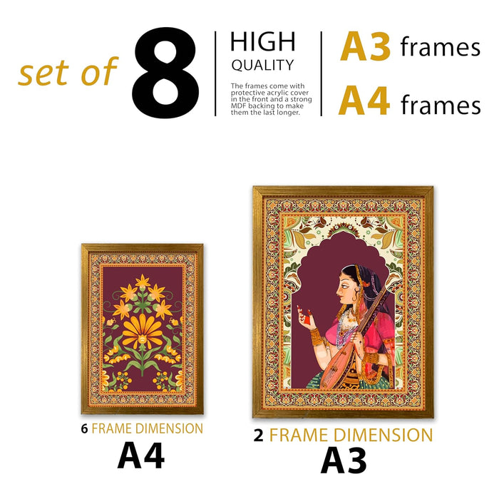 Art Street Set of 8 Indian Folk Wall Art Royal Prince with Queen Palace Painting For Home (Size: 9.3x12.7 & 12.7x17.5 Inch)