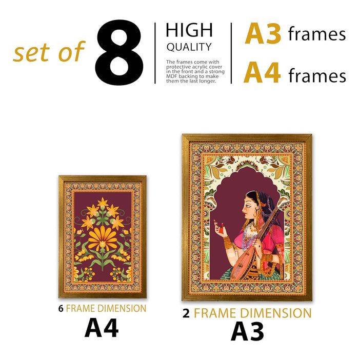 Art Street Set of 8 Indian Folk Wall Art Royal Prince with Queen Palace Painting For Home (Size: 9.3x12.7 & 12.7x17.5 Inch)