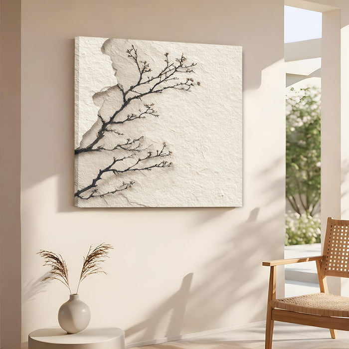 Japanese Zen Tree Branch Stretched Canvas Wall Art Painting For Living Room, Minimalist Wabi-Sabi Landscape Painting, Modern Japandi Decor for Living Room, Office & Home (56xx56 cm)