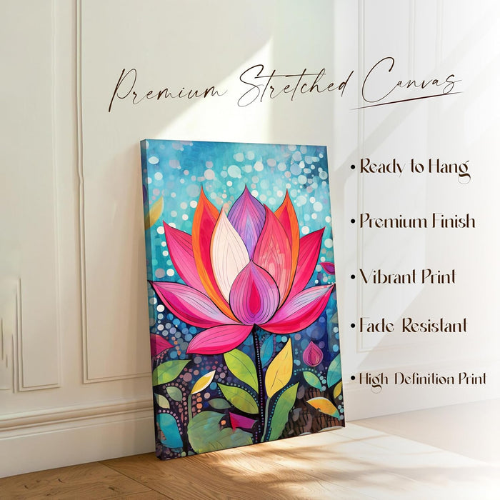 Abstract Multicolor Folk Art of Lotus Floral Stretched Canvas Painting with Frame – Wall Art – Framed Canvas Wall Décor (23x35 Inch)