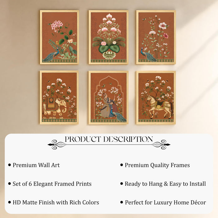 Mughal Rajasthani Folk Wall Art Painting, Traditional Royal Elephant, Horse & Peacock Theme Wooden Framed Wall Art Print for Living Room, Bedroom & Home Decor (Set of 6, 13x9 inch)