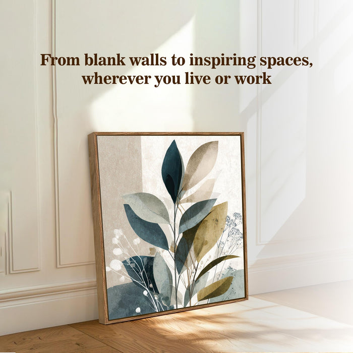 Abstract Botanical Leaf Framed Painting For Living Room | Modern Nature Leaves Large Canvas Painting With Frame Wall Art For Bedroom, Hallway's, Office, Hotel, Size 58x58 cm