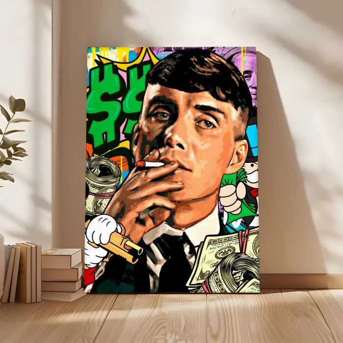 PAINTINGMANTRA Bold Street Pop Art Gentleman Smoking Stretched Canvas Painting Print| Money & Power Graffiti Wall Art | Modern Luxury Wall Décor for Home & Office, 56x86 cm