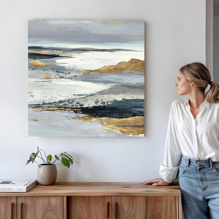 Abstract Gold Foil Mountain Landscape Wall Art Painting For Living Room, Modern Grey & Navy Textured Stretched Canvas Painting, Contemporary Japandi for Living Room, Office & Home (56xx56 cm)