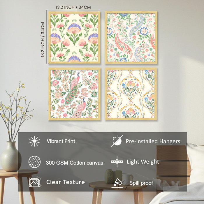 Madhubani Floral Wall Art Prints with Peacock—Traditional Indian Folk Art Botanical Framed Wall Decor for Living Room & Bedroom, (Set of 4) (13.2 inch x 13.2 inch)