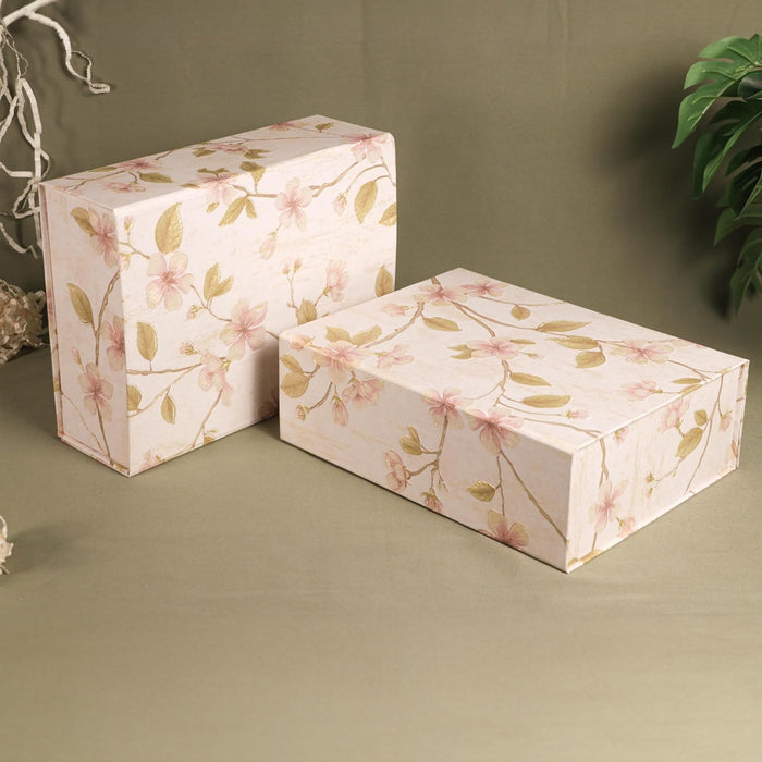 Foldable Cardboard Flowers Printed Hamper Gift Box Set of 2, Multipurpose Gift Hamper Box For Special Occasions, Wedding Gift Packaging (White)