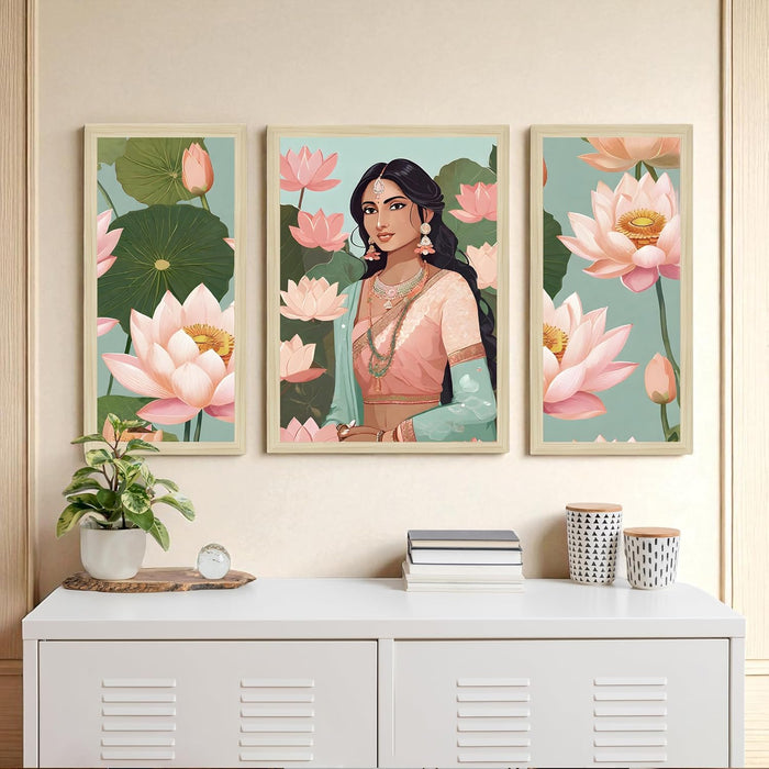 Botanicals Pichwai Framed Wall Art Painting Home Décor Pack Of 3 | Digital Scenery Painting with Frame, Set Of 3 22x46 cm, 33x44 cm