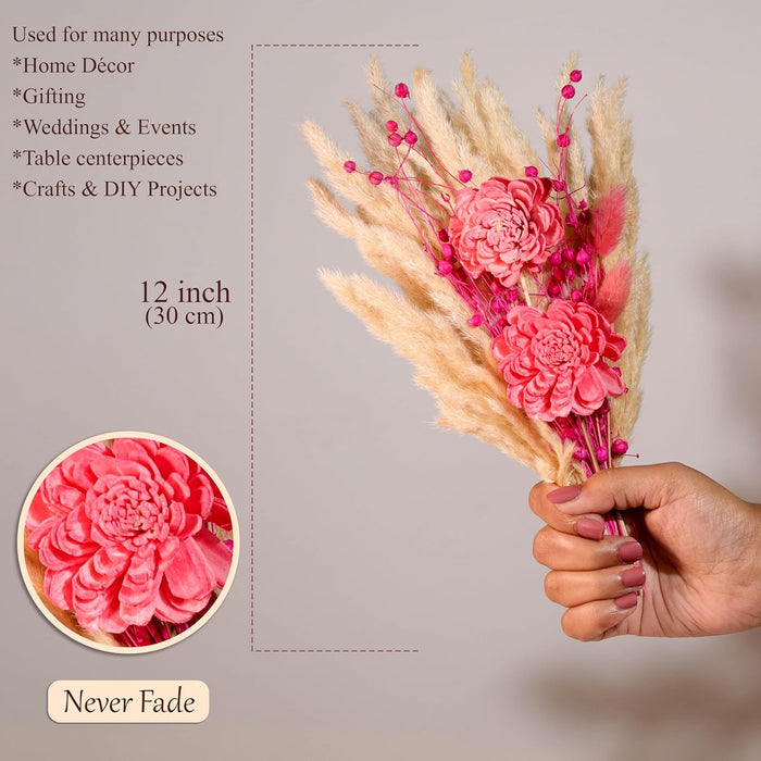 Dried Pampas Grass and Pink Artificial Flowers Bouquet Boho Dried Flower Arrangement, Natural Dry Floral Bouquet 30 cm