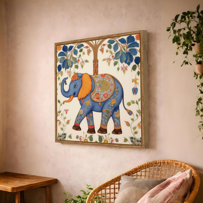 Traditional Madhubani Elephant Framed Painting For Living Room | Indian Folk Elephant Tree Large Canvas Painting With Frame Wall Art For Bedroom, Hallway's, Office, Hotel, Size 58x58 cm