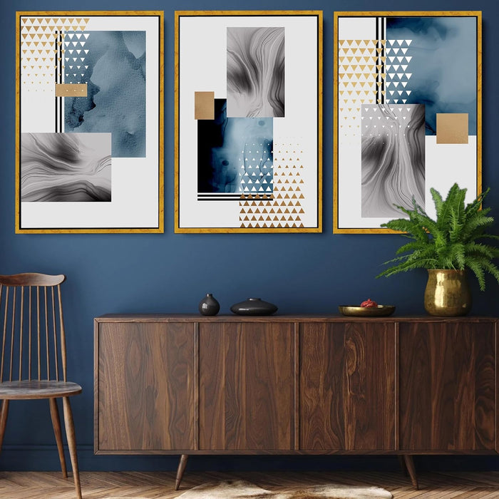 Art Street Blue Abstract Geometric Canvas Painting for Home Décor, Weave Marble  (17x23 Inch, Set Of 3)