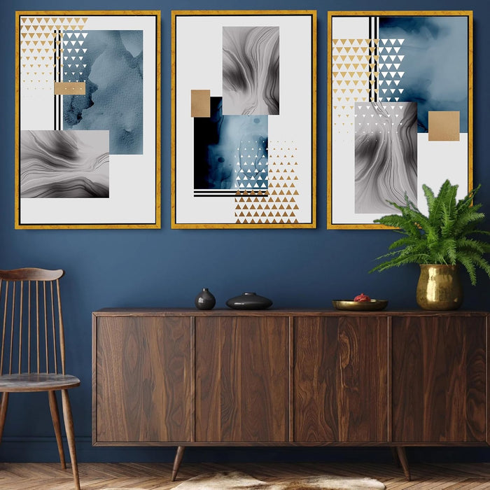 Nordic Abstract Golden Canvas Painting For Home Decor, Geometric Industrial Style Framed Art Prints (17x23 Inch, Set of 3)