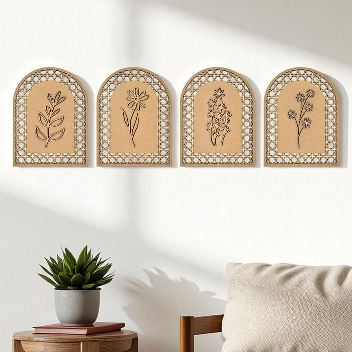 Boho Wall Decor Pack of 4 MDF Floral Wall Hanging with Quatrefoil Jali Pattern 3D Boho Art Cutouts Wall Art 21x25 cm