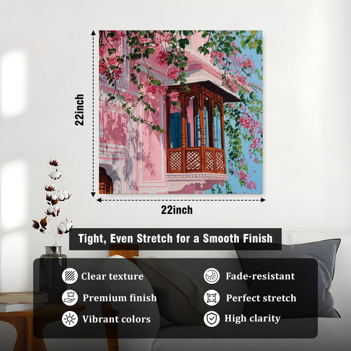 Traditional Indian Architecture & Pink Bougainvillea Floral Painting For Living Room, Jaipur Balcony Stretched Canvas Wall Art, Modern Boho for Living Room, Office & Home Decor (56xx56 cm)