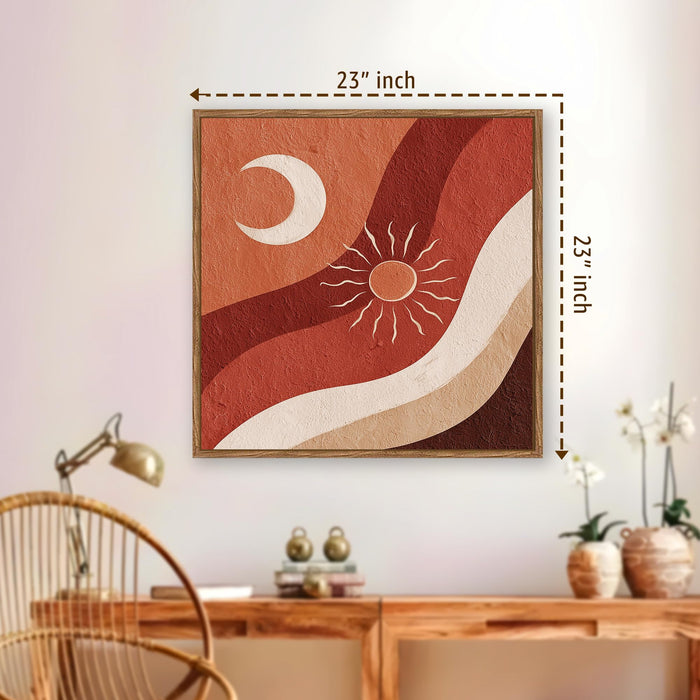 Boho Sun Moon Framed Painting For Living Room | Abstract Desert Large Canvas Painting With Frame Wall Art For Bedroom, Hallway's, Office, Hotel, Size 58x58 cm