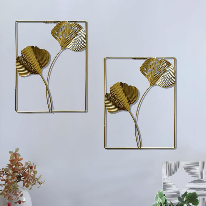 Modern Luxury Leaf Shape Metal Wall Art Hanging Décor, Golden Iron Palm Leaf Hanging Ornaments, Wall Sculpture with Frame for Home Decor (Size: 8x10 Inch)
