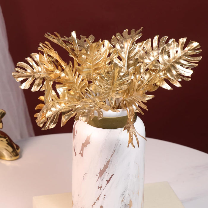 Golden Monstera Leaves Stem, Fake Faux Shrubs PVC, UV Resistant for Home Décor 28 cm