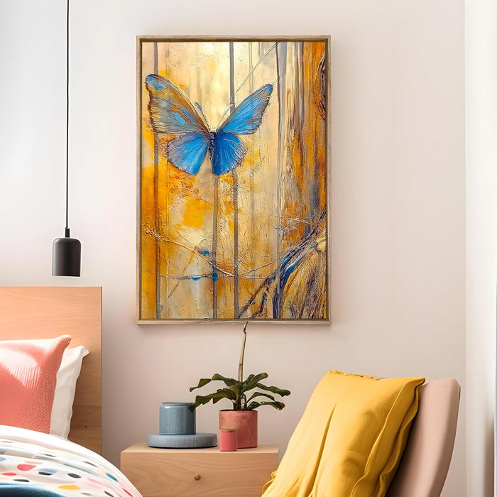 Large Canvas Painting Panel Framed Wall Art Print Blue Butterfly Framed Luxury Paintings for Home Décor (Blue, 23x35 Inch)