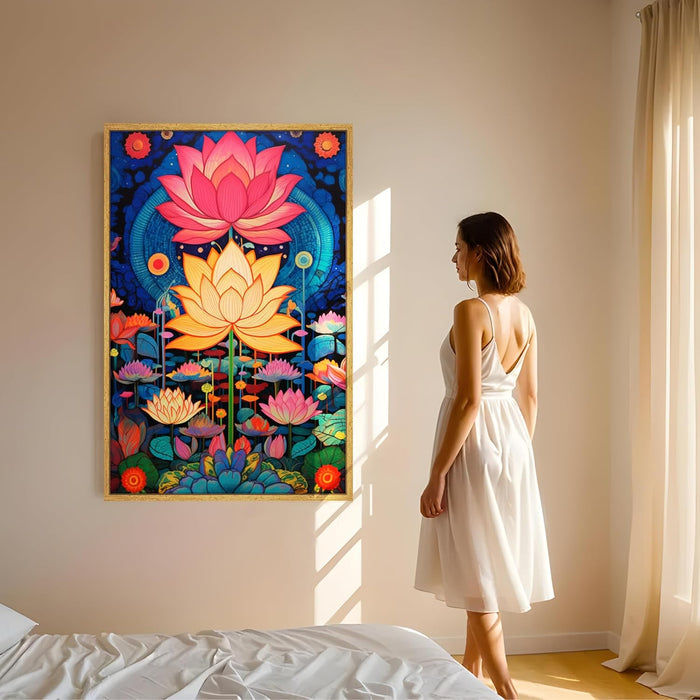 Abstract Multicolor Aesthetic Lotus Painting with Frame, Framed Canvas Paintings Stretched Canvas Wall Art  22x34 Inch