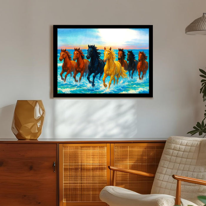 Seven Running Horses Wall Art Vastu Feng Shui Multicolor | Canvas Painting Stretched on Wood | Suits For Vastu-Friendly Place (16x22 Inch)