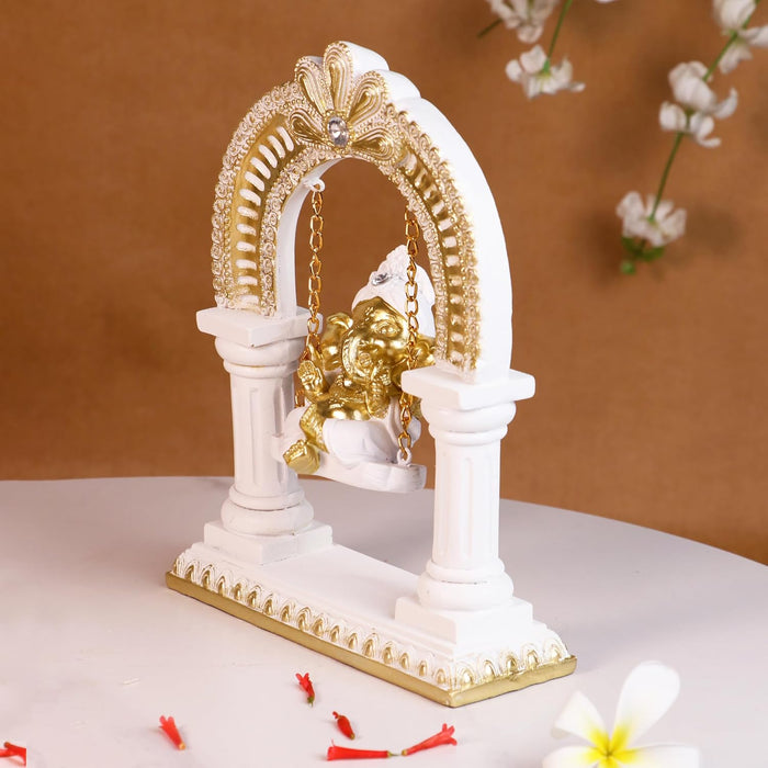 Ganesh Ji Idol for Car Dashboard Home and Pooja Swinging Ganesha Murti Golden and White Ganesh Ji Idols for Gift Mandir Altars Resin Ganesha Statue for Car and Home Height - 23 cm