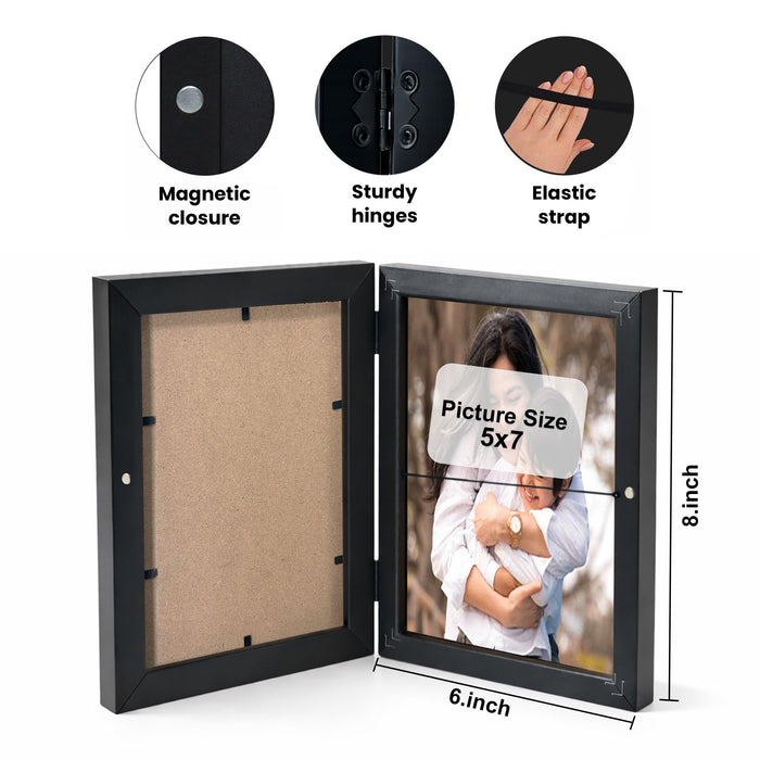 Art Street Black Photo Storage Box with Magnetic Closure, Picture Frame for 5x7 Photos, Foldable Image Storage Case with Elastic Strap, Tabletop and Wall Mount Display Frame, Size 15 x 20 cm