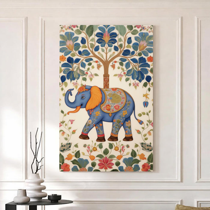 Elephant Tree of Life Stretched Canvas Painting For Living Room | Madhubani Animal Stretched Canvas Wall Art For Livingroom Home Decor, Bedroom, Hallway's, Office, Hotel - 56x86 cm