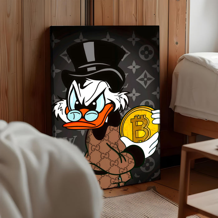Luxury Money Duck Pop Art Stretched Canvas Painting Print| Cartoon Style Crypto Wealth Wall Art | Modern Graffiti Artwork for Home & Office Décor, 56x86 cm