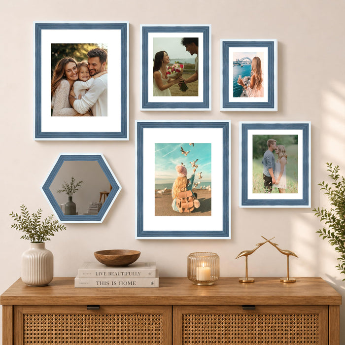 Art Street Blue Gallery Wall Photo Frame Set with Hexagon Mirror | Modern Collage Timeline Wall Decor for Living Room, Bedroom & Family Memories | Multi Size Frame Set