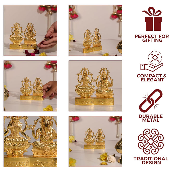 Metal Jay Lakshmi Ganesh Ji Brass Finished Idol Standable Statue Plate Brass Finished Idols for Deepawali Decoration, Ganesha 11x11 cm