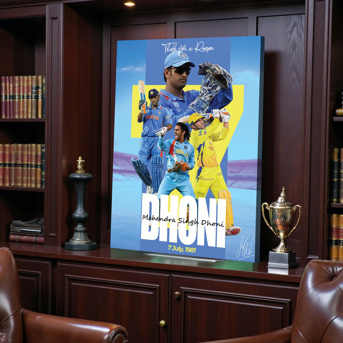 MS Dhoni Chennai Super Kings Cricket Fan Stretch Canvas Painting Poster Wall Art Decor, The Legend Thala 7, Ideal Gift for IPL & Indian Cricket Team, Bedroom, Office & Home Decoration, 16 x 22 Inch