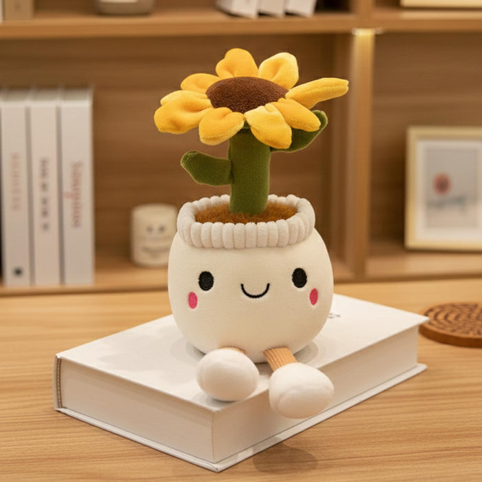 Art Street Cute White Potted Plush Plant with Smiling Face & Dangling Legs | Soft Sunflower Kawaii Desk Decor | Unique Gift for Plant Lovers, Valentine's Day