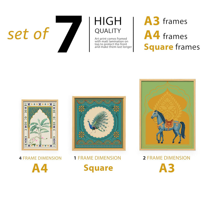 Animal Botanicals Indian Art Wall Art Print Paintings, set of 7 | Digital Framed Painting 30x42, 21x30, 30x30 cm