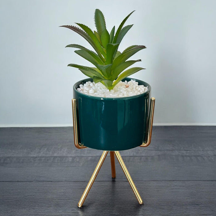 Ceramic Potted Vase Planter with Golden Metal Stand for Table Top (Green, Size: 3x5 Inch)