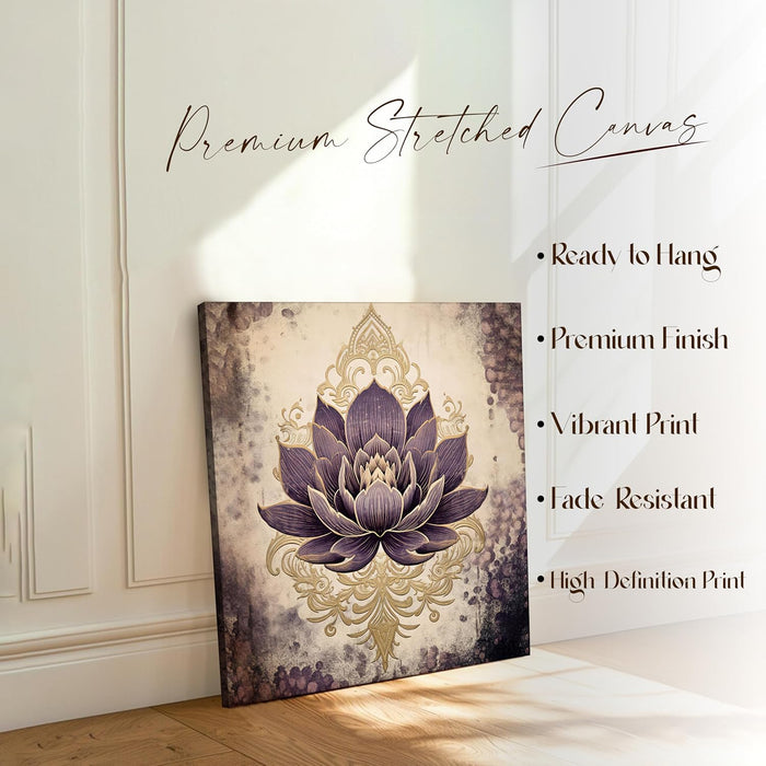 Multicolor Abstract Canvas Purple Lotus Indian Folk Wall Art Painting – Beige Purple Gold Gallery Wrap Canvas Wall Décor.