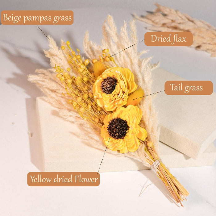 Dried Pampas Grass and Yellow Artificial Sunflower Bouquet Boho Dried Flower Arrangement, Natural Dry Floral Bouquet 30 cm