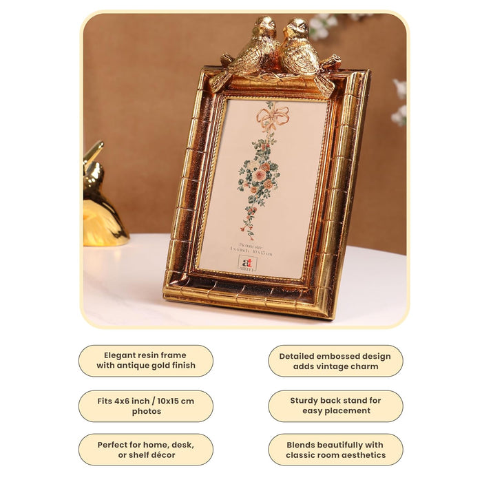 Vintage 4x6 Inch Photo Frame Golden Brown – European Style Resin Picture Frame with Birds Design, Tabletop Display, Antique Look, 10x15 cm