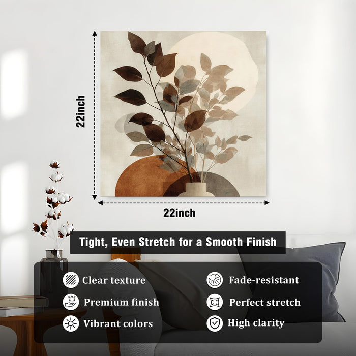 Abstract Botanical Leaf Stretched Canvas Wall Art Painting For Living Room, Modern Minimalist Earth Tone Painting, Boho Japandi Home Decor for Living Room, Bedroom & Office (56xx56 cm)