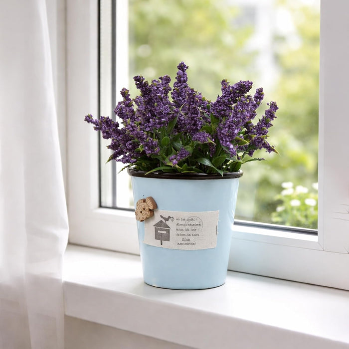 Ceramic Flower Pot with Artificial Purple Flowers | Decorative Tabletop Planter